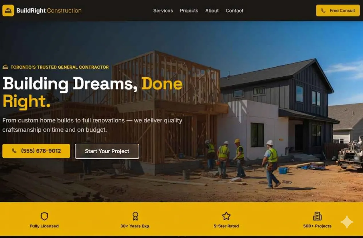 Full-page screenshot of the BuildRight Construction sample website with renovation galleries, project timelines, and multi-service booking